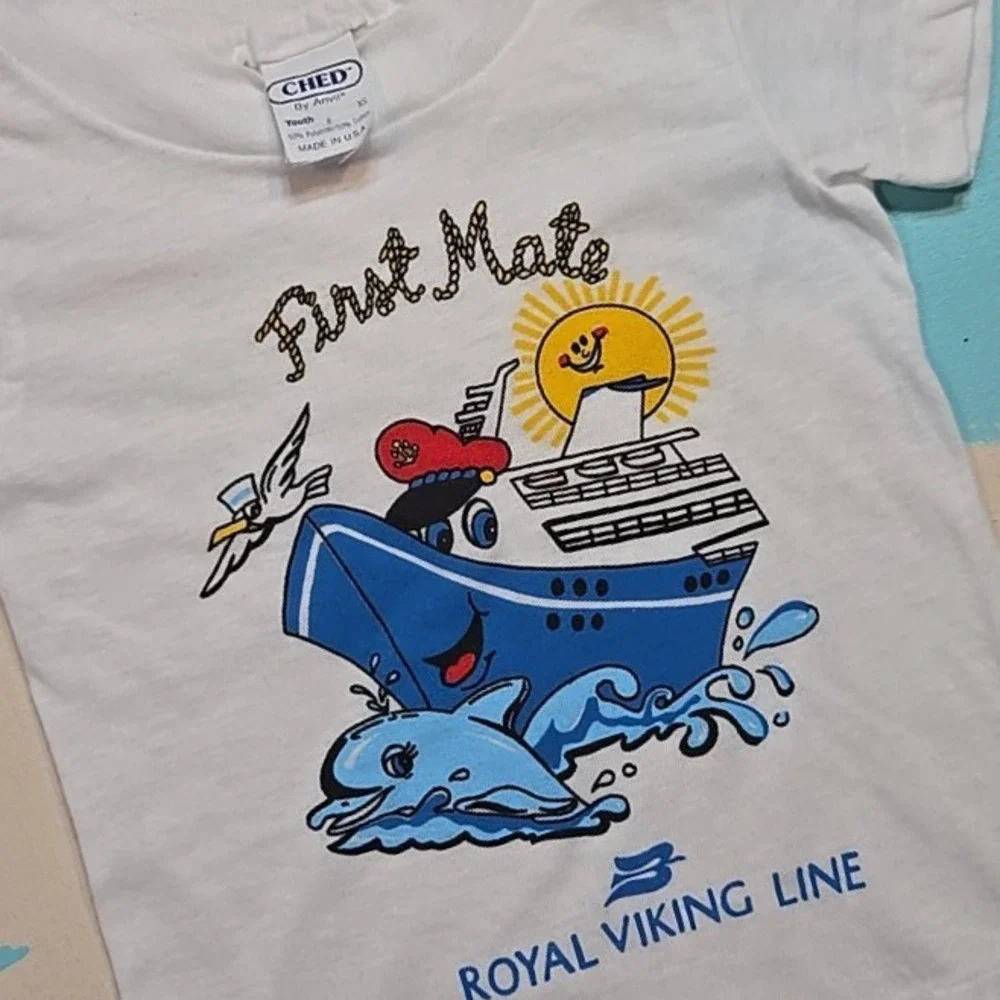 VTG Royal Viking Line Youth XS First Mate Single Stitch T-Shirt Wht USA Ship 80s